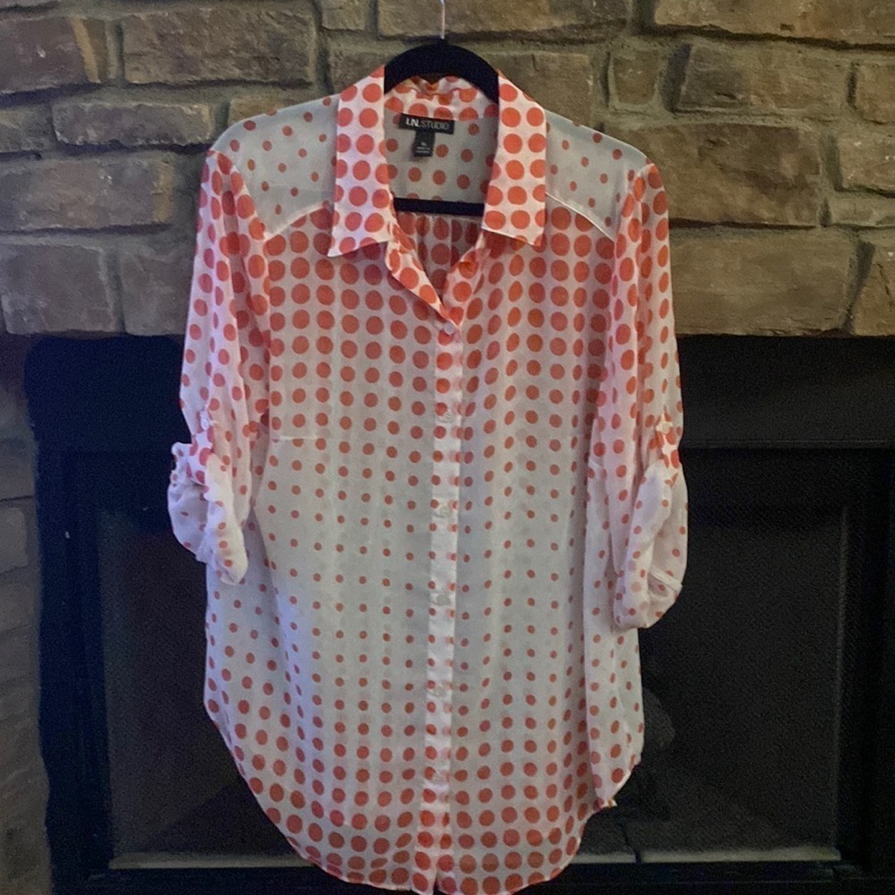 I. N. Studio high-low orange and white polka dot see through blouse. Size XL